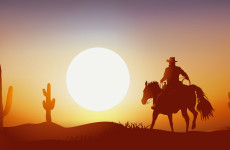 cow-boy - coucher de soleil - cheval - paysage, western, dsert - cactus